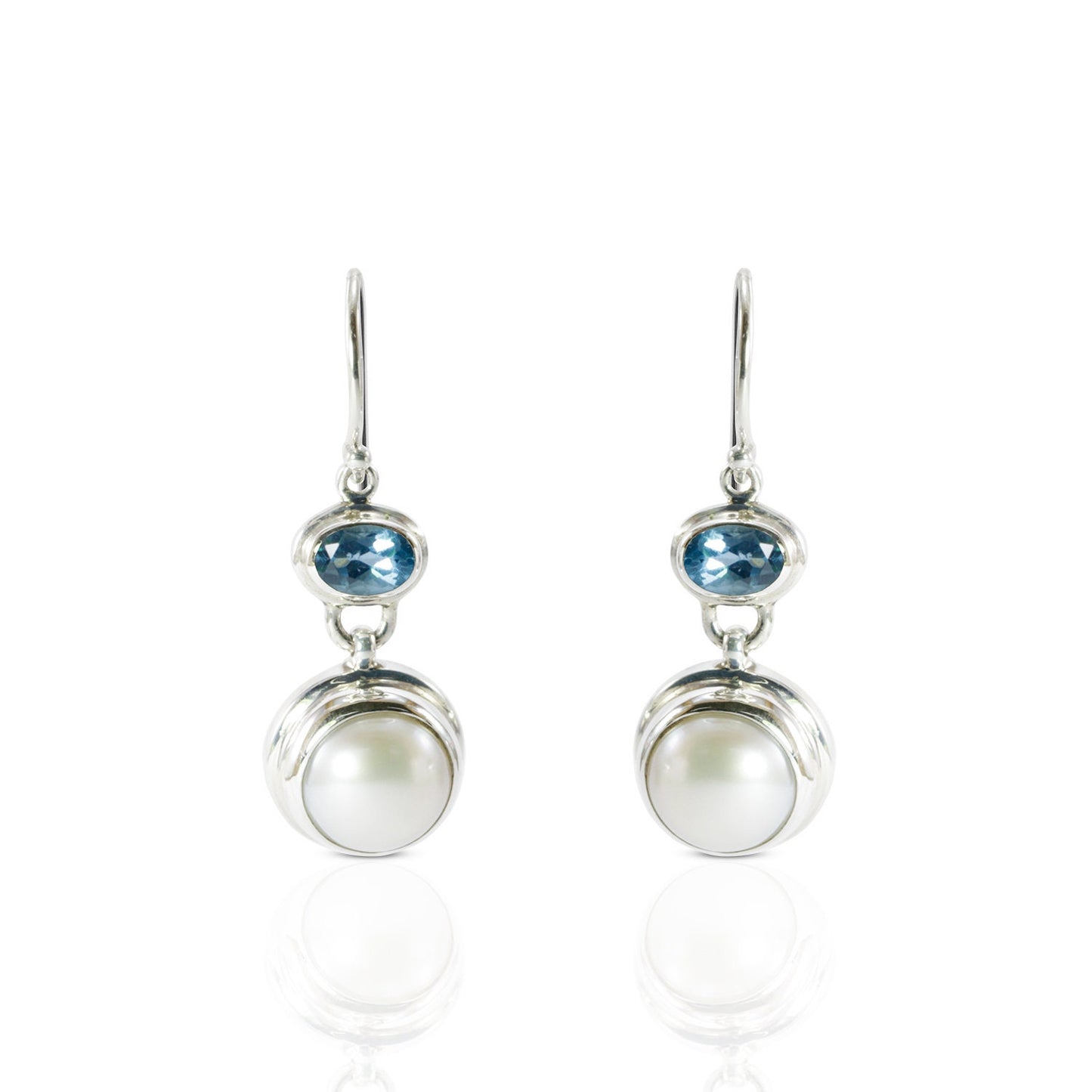 freshwater pearl earrings set in 925 sterling silver with genuine blue topaz