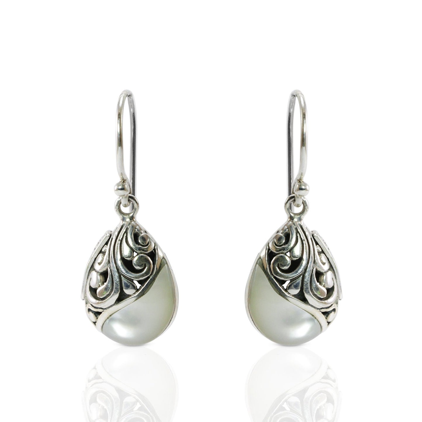 teardrop earrings 925 sterling silver decorated with white shell and filigree ornament