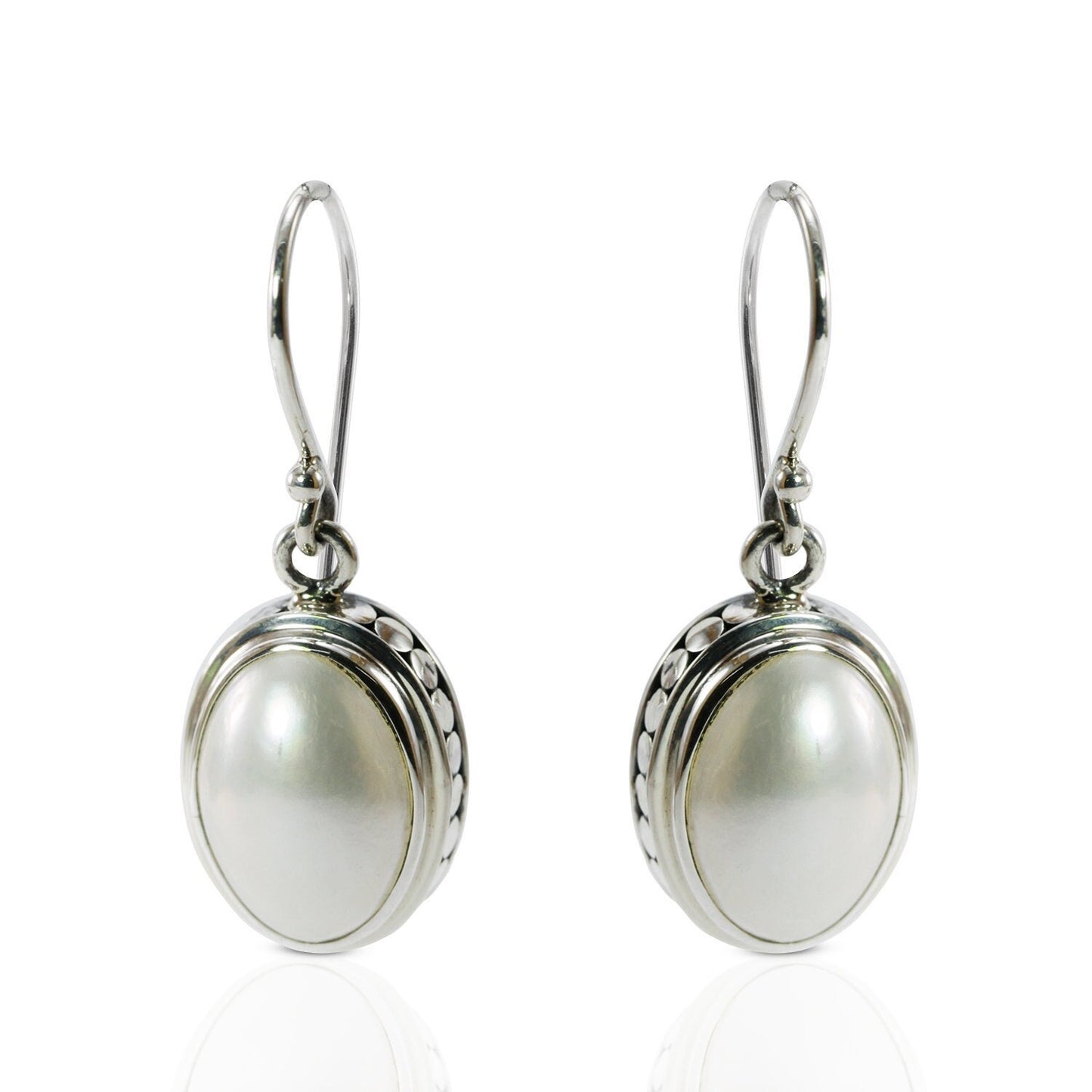 oval pearl earrings 925 sterling silver decorated with dot frame, mabe pearl earrings