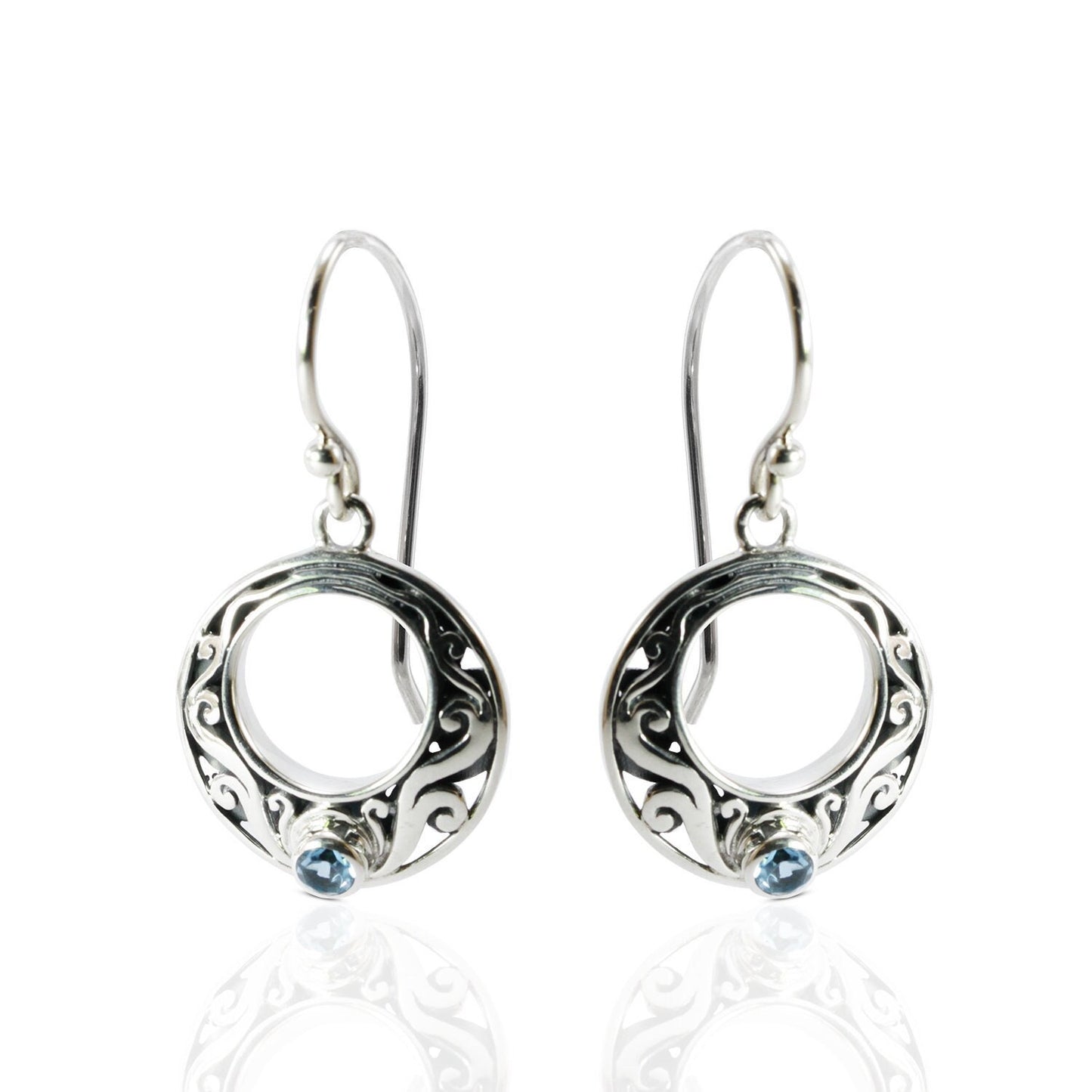 circle earrings with genuine swiss blue topaz set in 925 sterling silver decorated with Bali swirl filigree ornament
