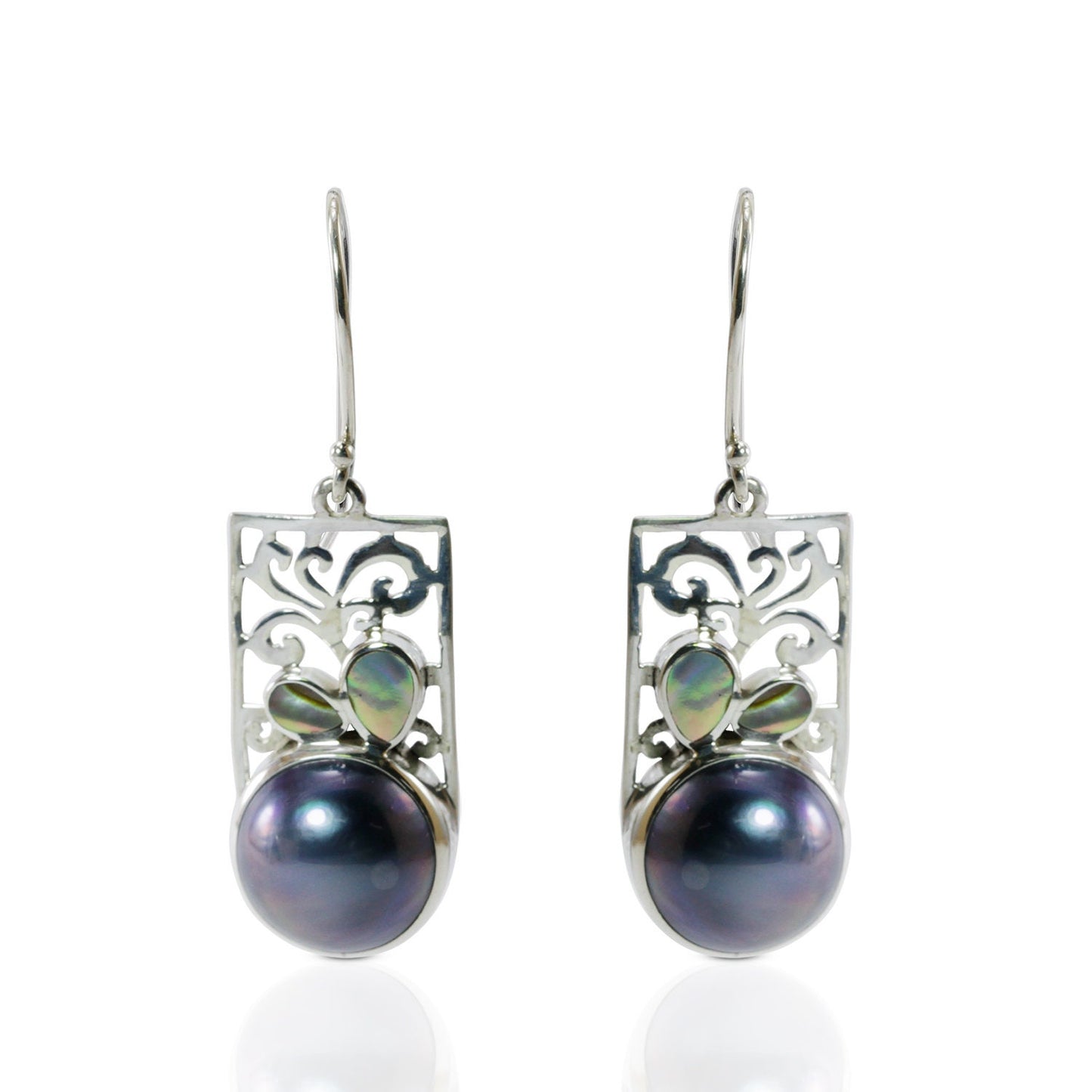 white mabe pearl earrings set in 925 sterling silver decorated with created opal and ornament filigree
