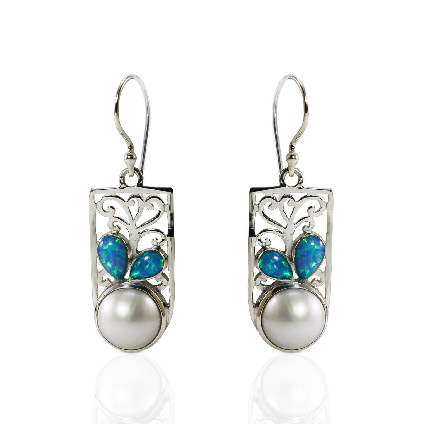white mabe pearl earrings set in 925 sterling silver decorated with created opal and ornament filigree