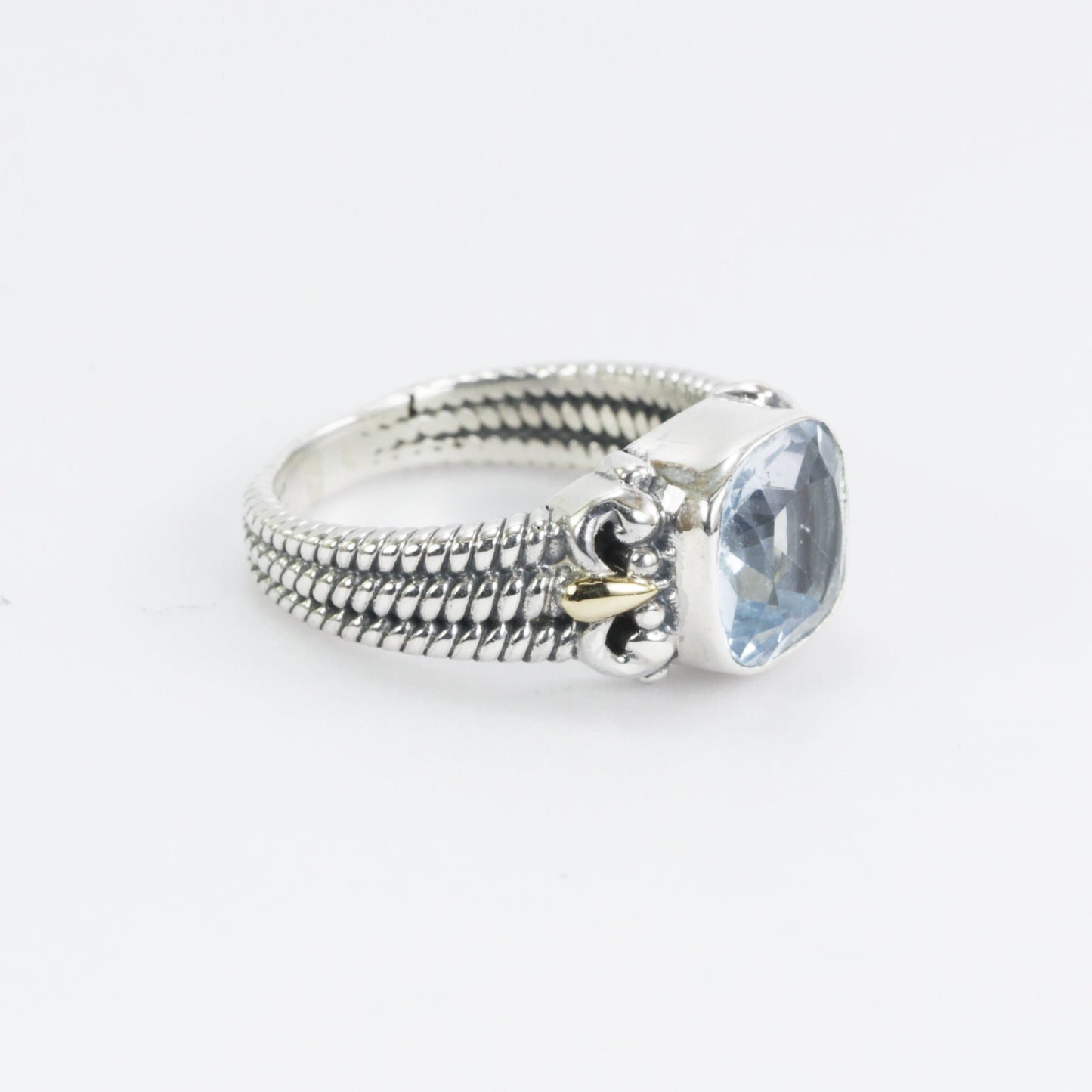 Blue Topaz Ring 925 sterling silver with 18k Gold accent and triple shank cable style