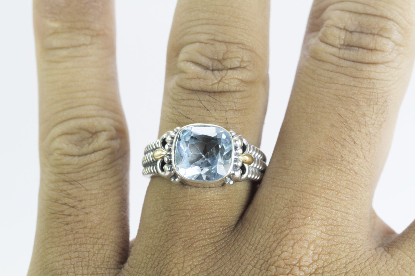 Blue Topaz Ring 925 sterling silver with 18k Gold accent and triple shank cable style