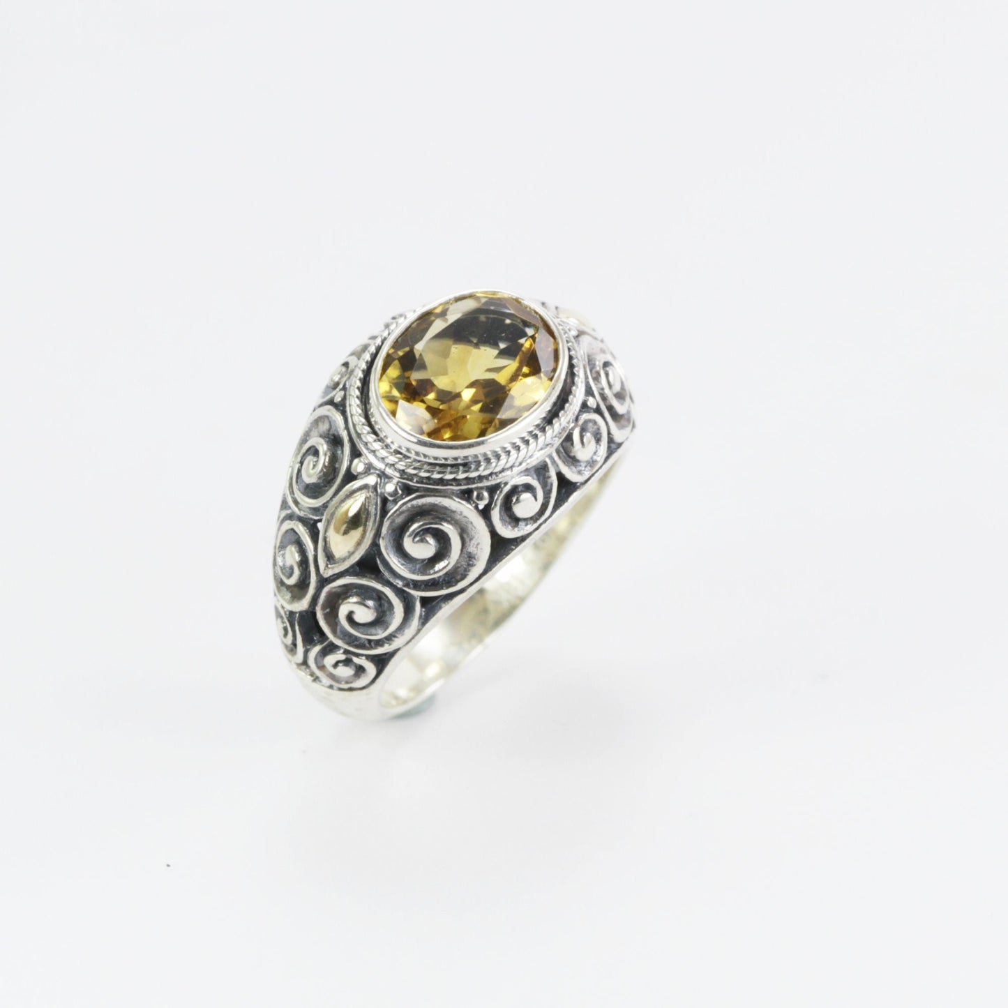 Citrine ring for women set in 925 sterling silver with 18K Gold accent and swirl filigree handcrafted