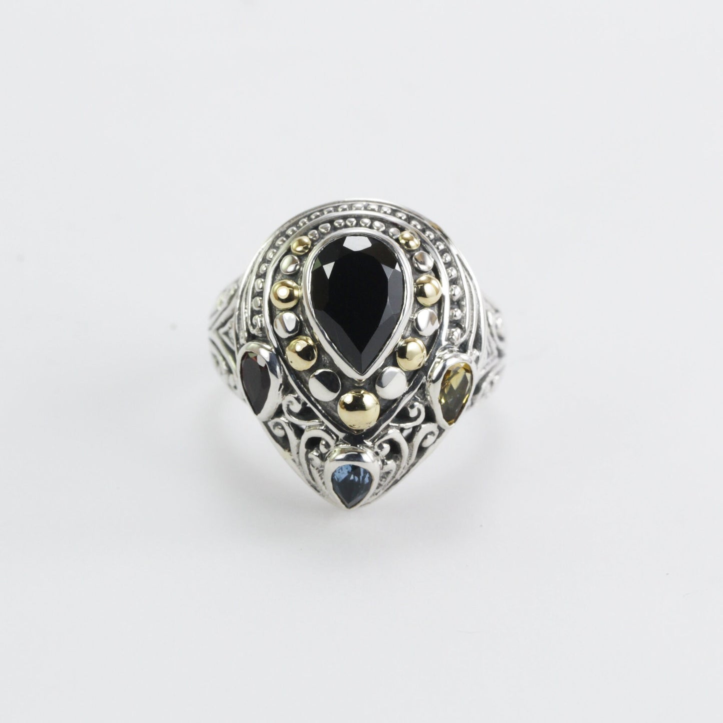 multi stone ring 925 sterling silver decorated with real 18K gold and handcrafted filigree art