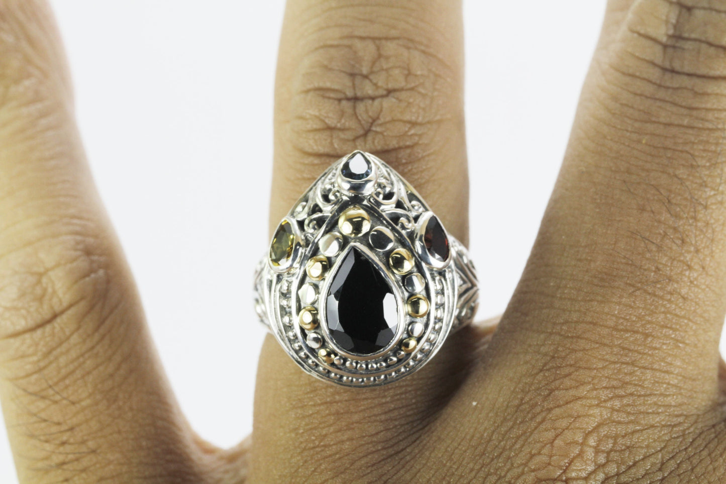 multi stone ring 925 sterling silver decorated with real 18K gold and handcrafted filigree art