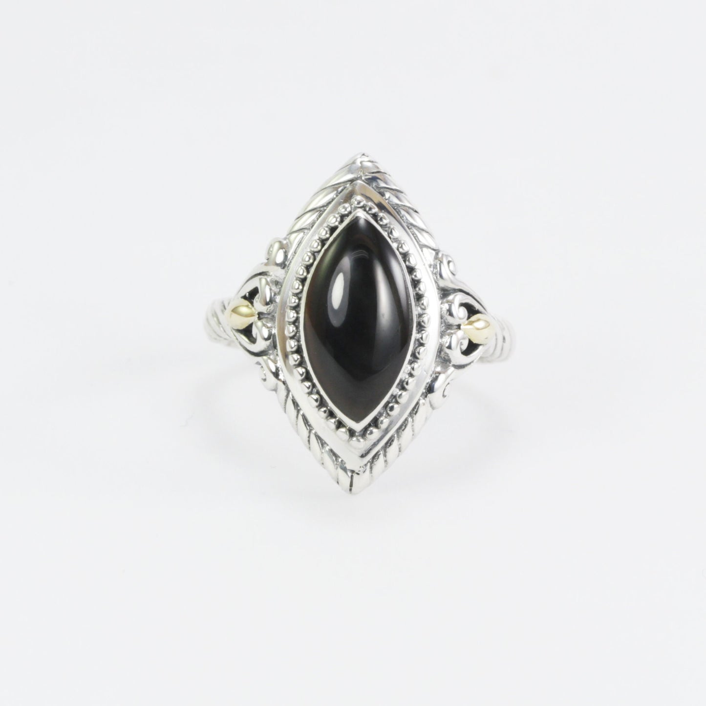 marquise shape ring in 925 sterling silver, two tone ring, cable shank ring, black shell ring