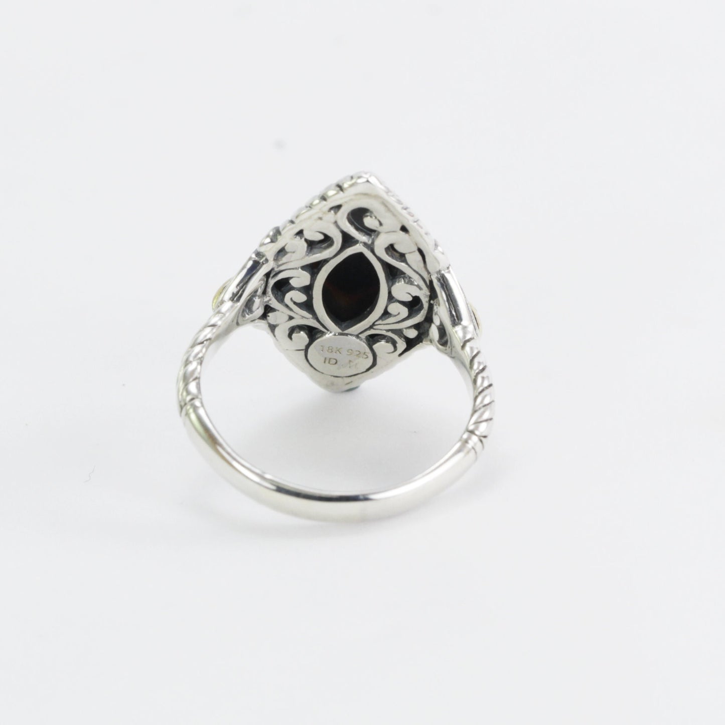 marquise shape ring in 925 sterling silver, two tone ring, cable shank ring, black shell ring
