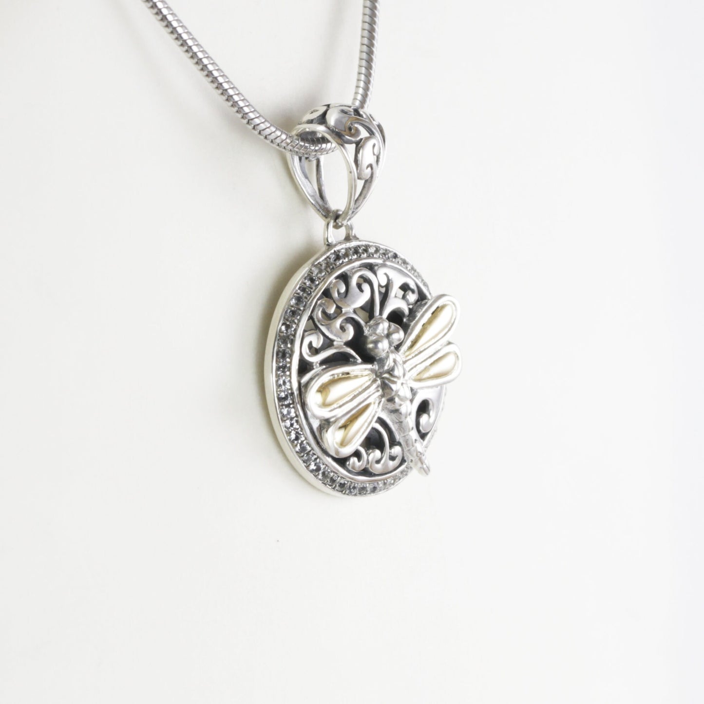 Dragonfly necklace pendant in 925 sterling silver, round silver pendant, two tone pendant