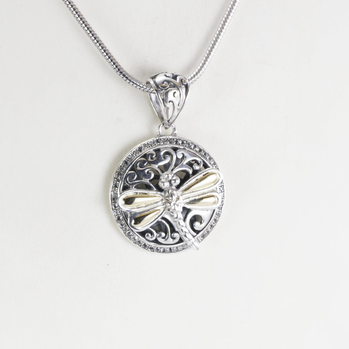 Dragonfly necklace pendant in 925 sterling silver, round silver pendant, two tone pendant