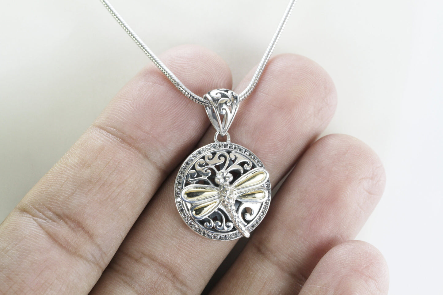 Dragonfly necklace pendant in 925 sterling silver, round silver pendant, two tone pendant