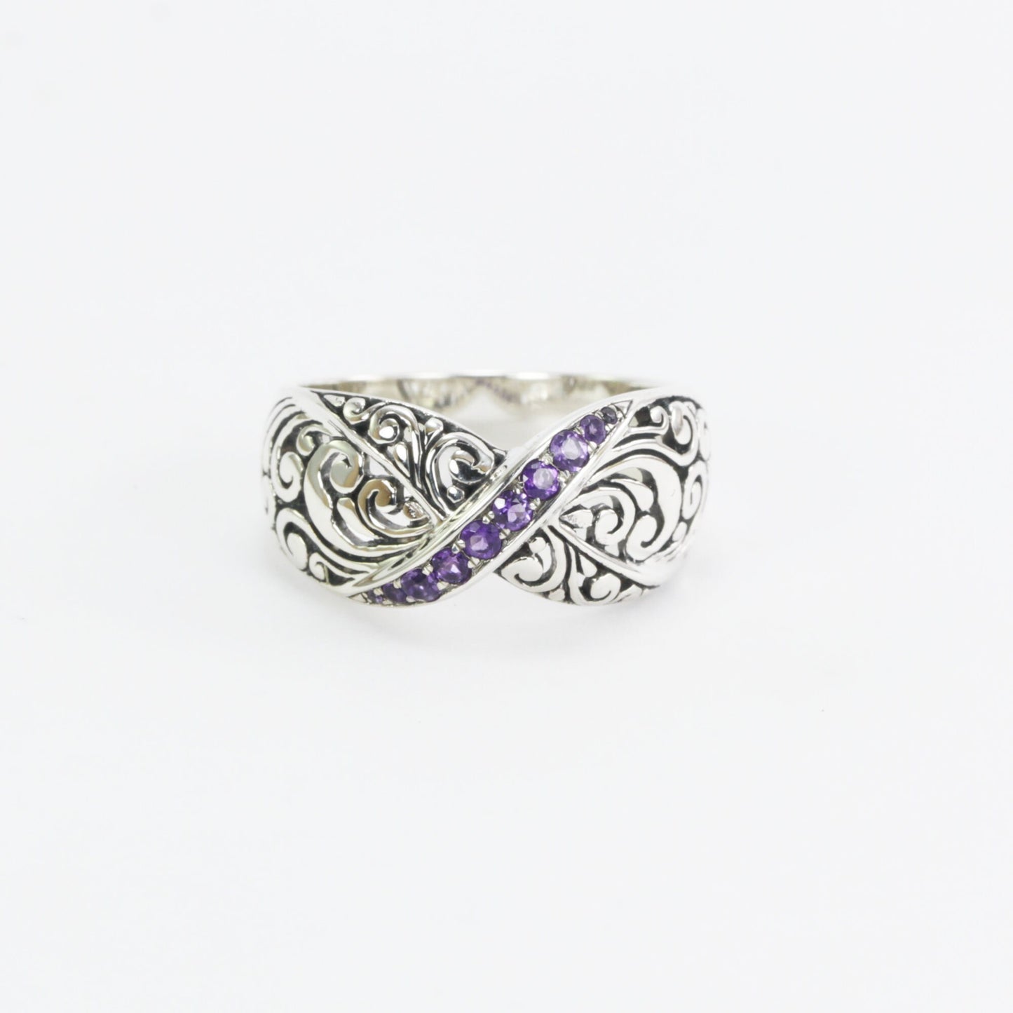 Wide band ring ring in 925 sterling silver, amethyst ring, swirl filigree ring,