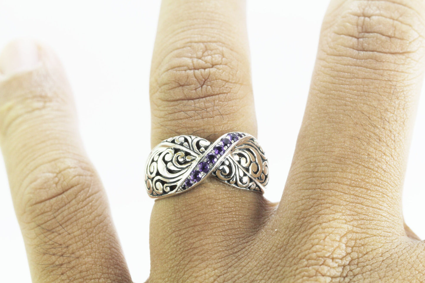 Wide band ring ring in 925 sterling silver, amethyst ring, swirl filigree ring,