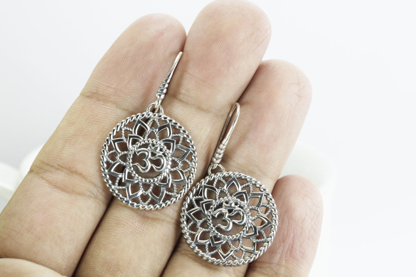 OM Earrings dangle in 925 sterling silver, lotus flower earrings, circle earrings dangle