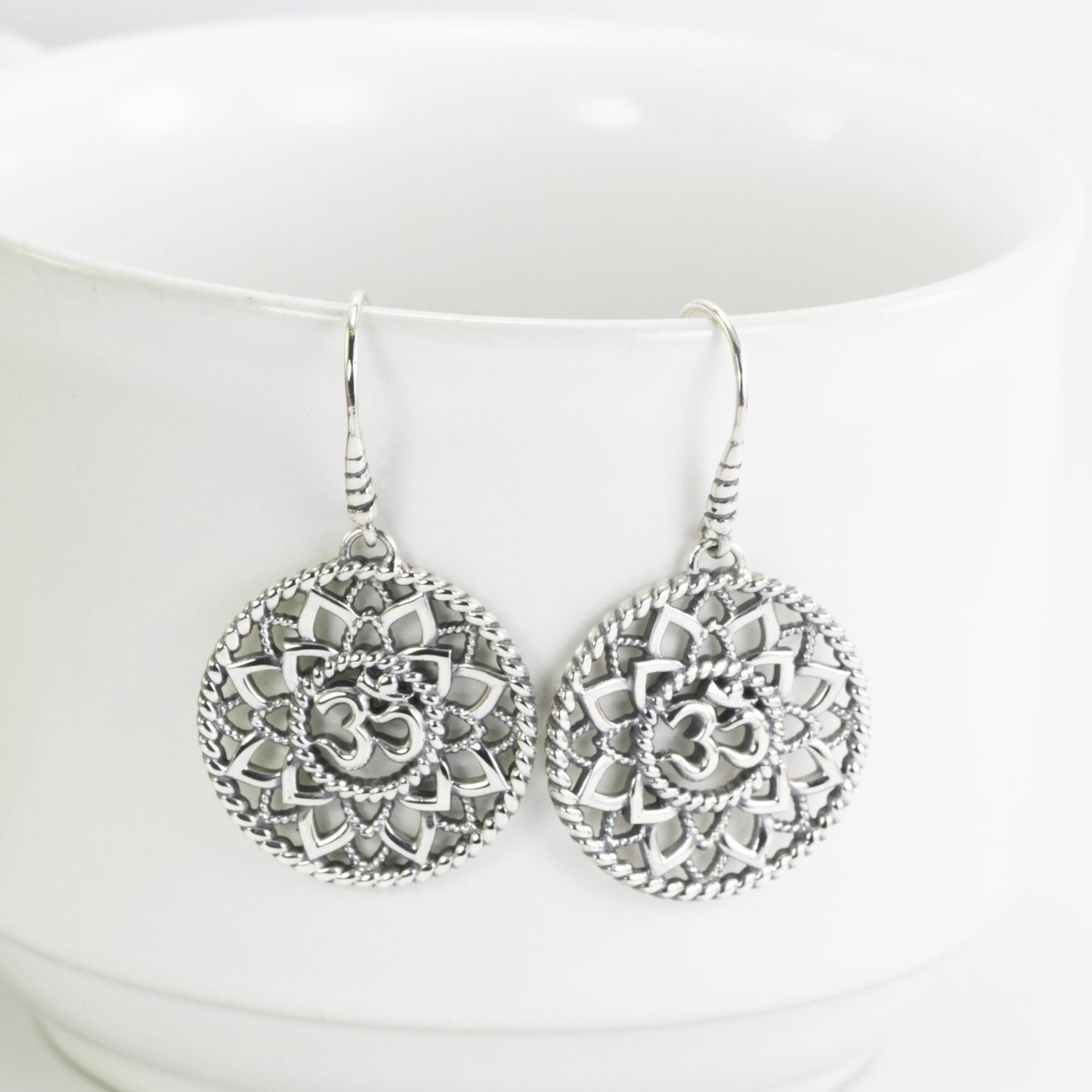 OM Earrings dangle in 925 sterling silver, lotus flower earrings, circle earrings dangle