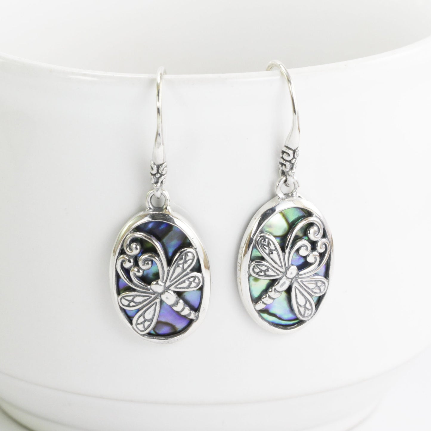 Abalone Shell earrings dangle set in 925 sterling silver, dragonfly earrings dangle