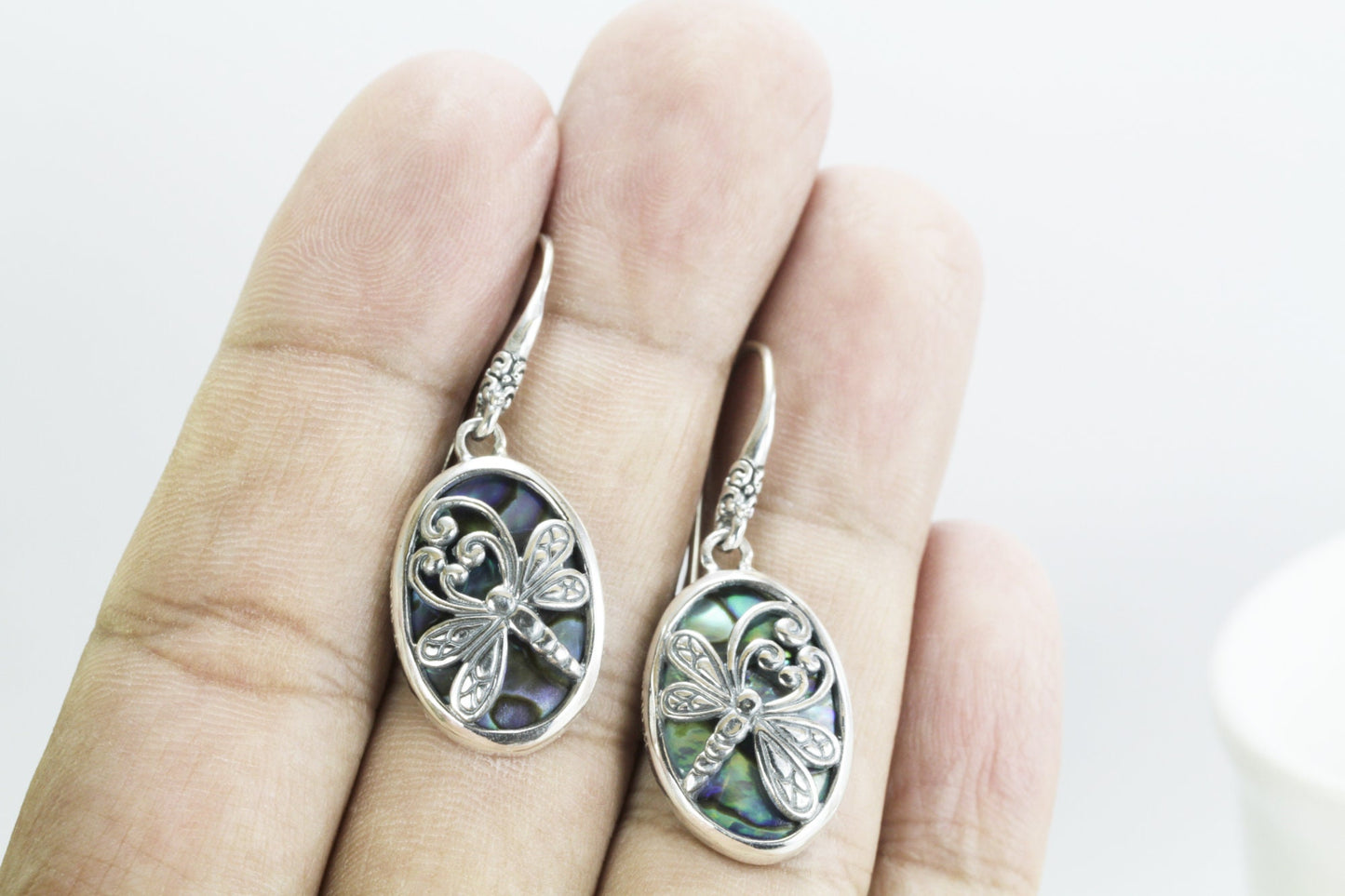 Abalone Shell earrings dangle set in 925 sterling silver, dragonfly earrings dangle