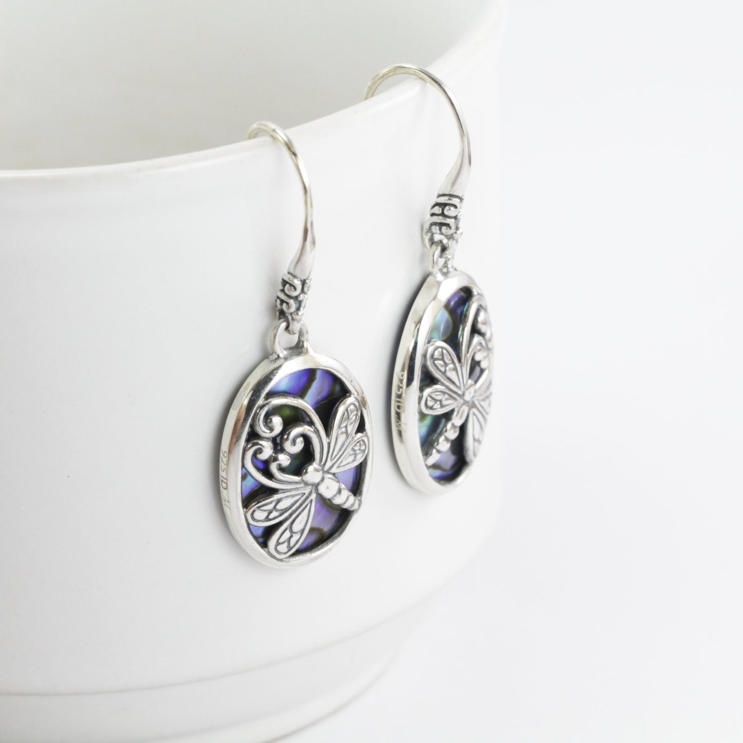 Abalone Shell earrings dangle set in 925 sterling silver, dragonfly earrings dangle