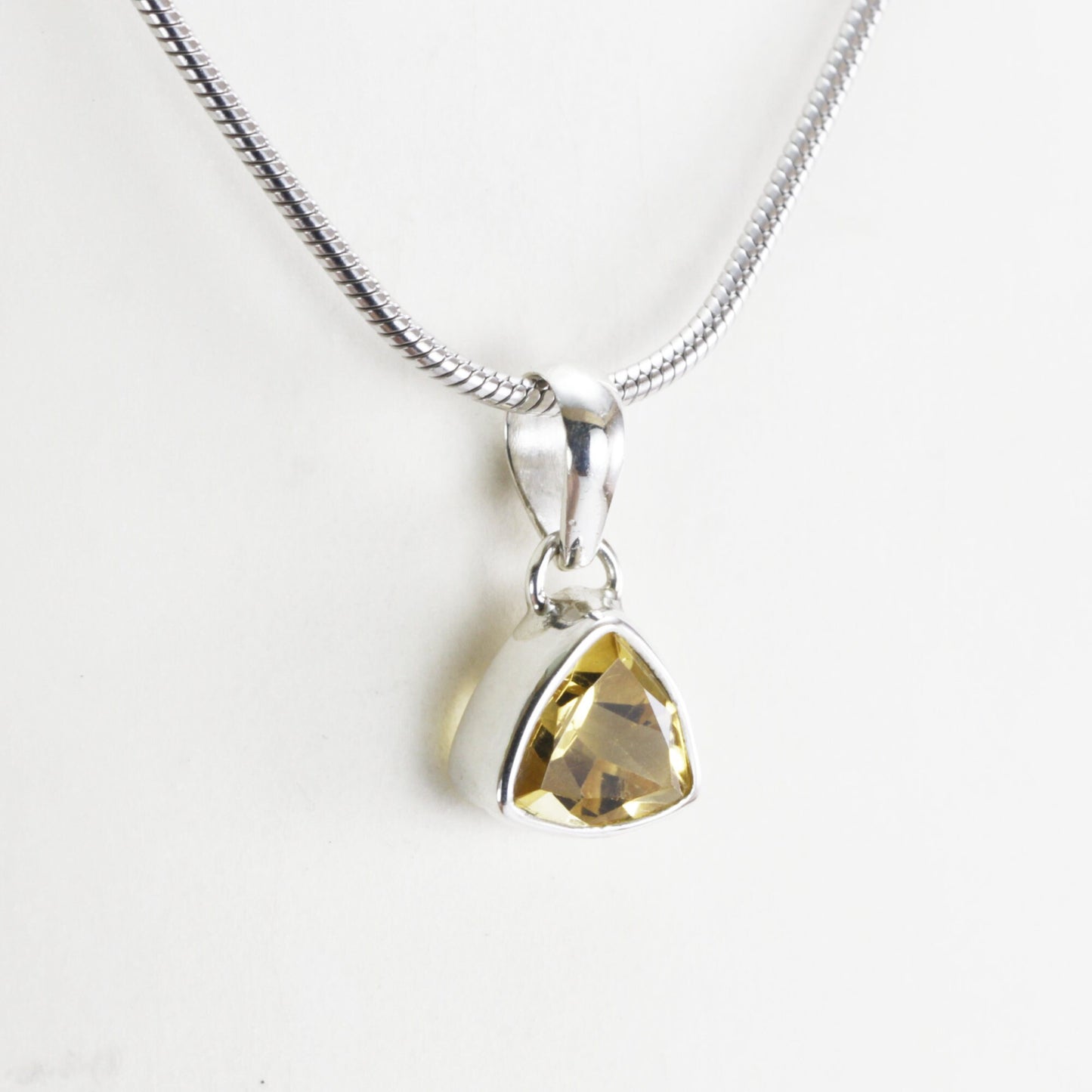 Bezel set citrine pendant in 925 sterling silver, triangle citrine pendant