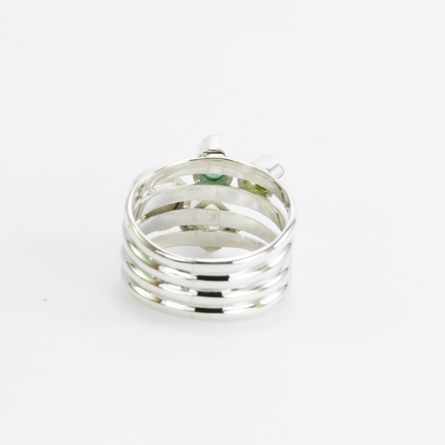 multi stone ring with emerald, peridot, moonstone, and fresh water pearl set in 925 sterling silver