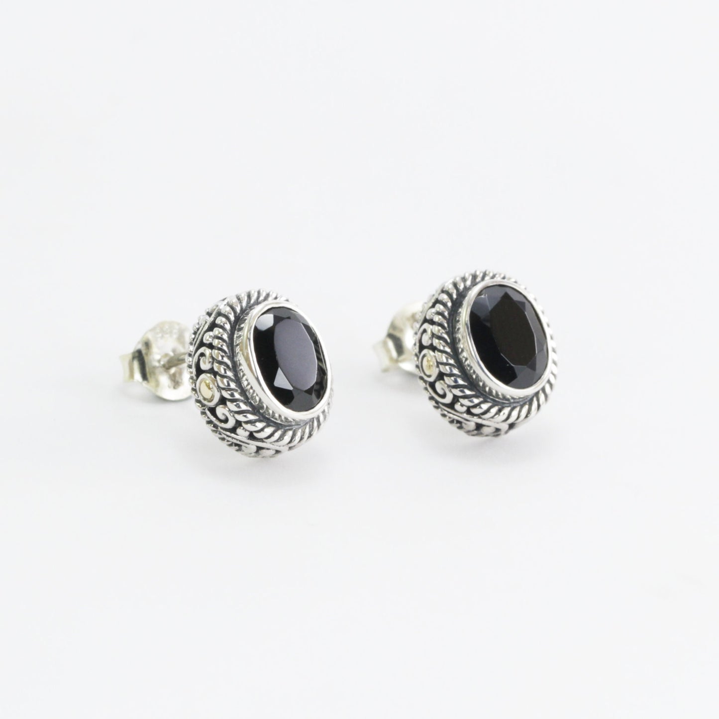 Black Onyx stud earrings set in 925 sterling silver, oval stone stud earrings, two tone stud