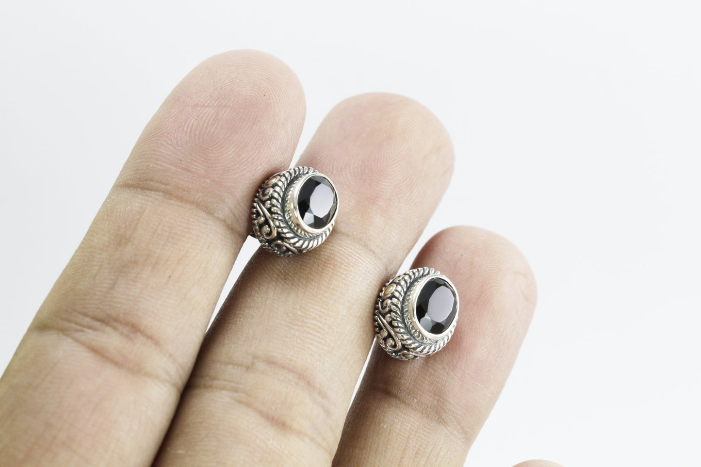 Black Onyx stud earrings set in 925 sterling silver, oval stone stud earrings, two tone stud