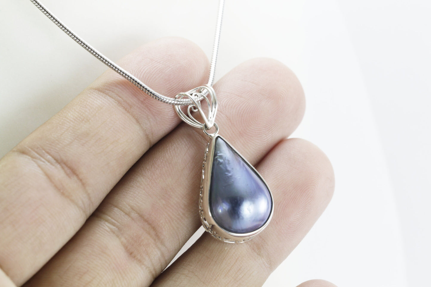 Blue Mabe pendant teardrop shape set in 925 sterling silver, peacock mabe pendant,
