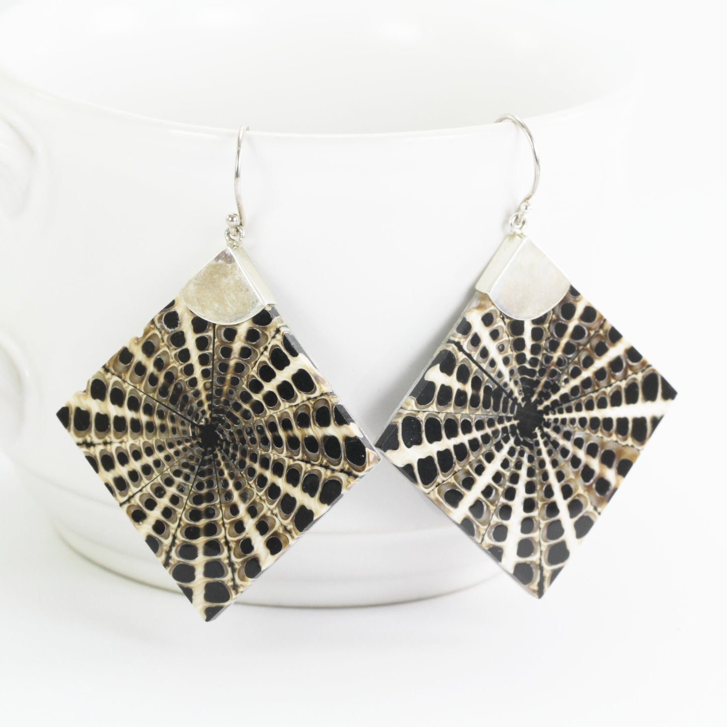 Spider shell earrings dangle set in 925 sterling silver, square shell dangle earrings