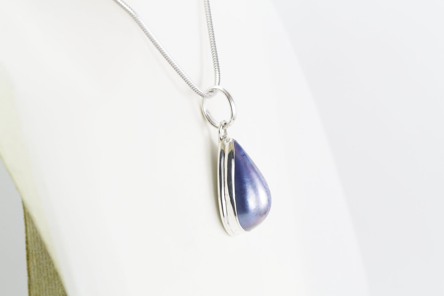 Blue mabe pearl necklace pendant set in 925 sterling silver, teardrop mabe pendant