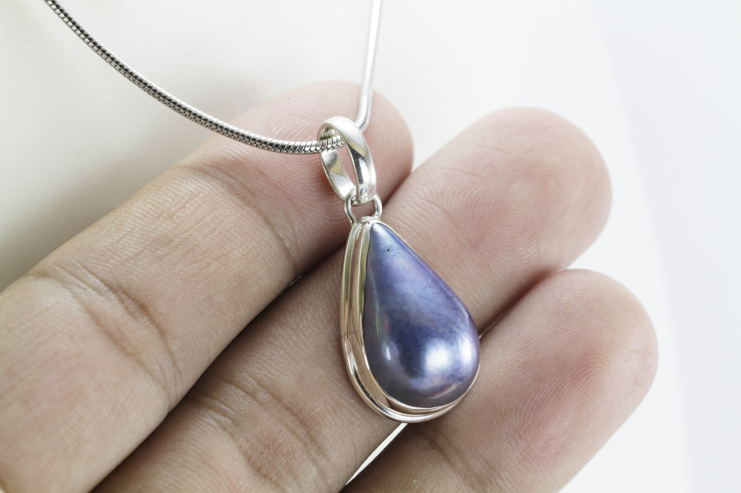 Blue mabe pearl necklace pendant set in 925 sterling silver, teardrop mabe pendant