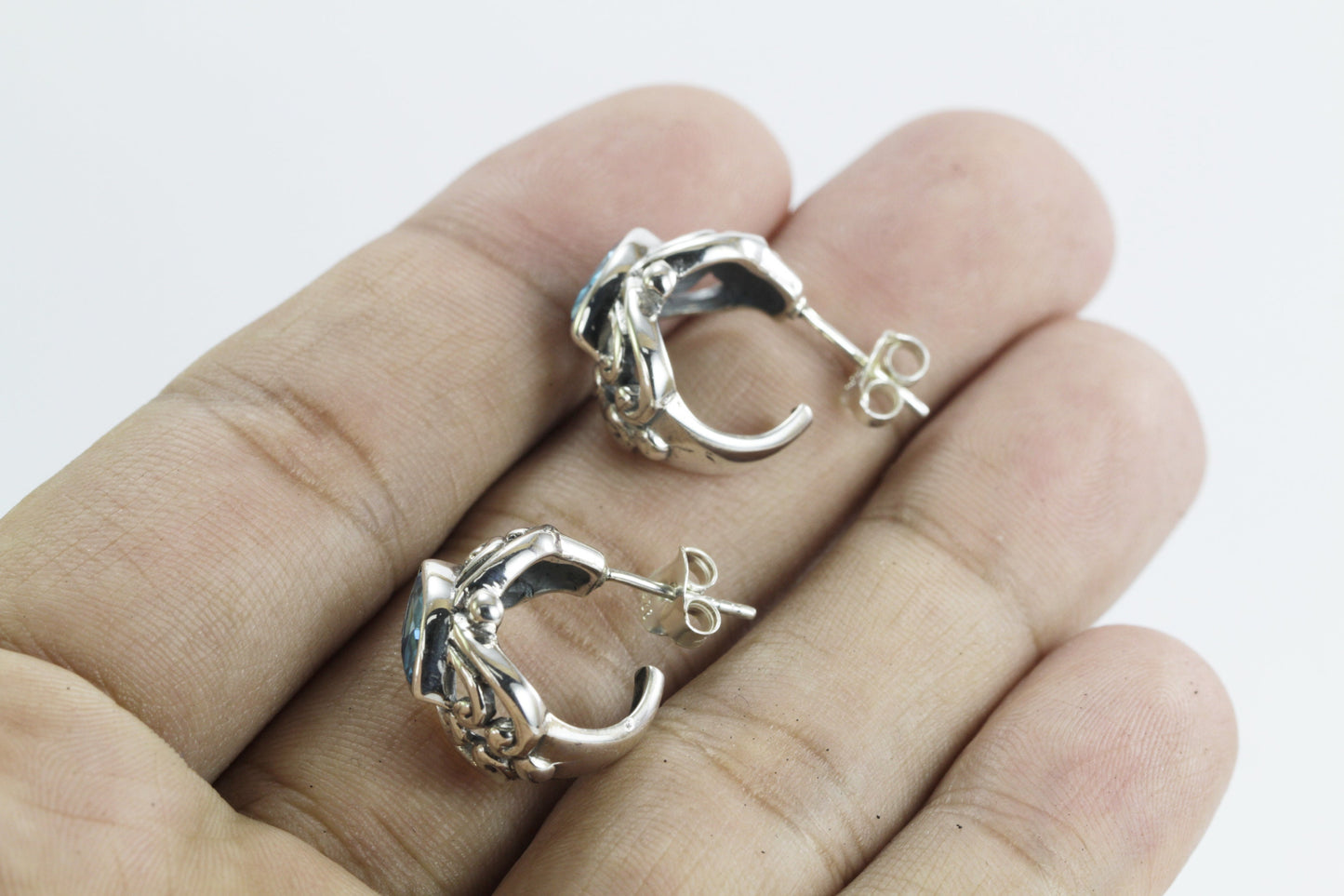 Hoops earrings 925 sterling silver with genuine swiss blue topaz bezel set, amethyst earrings hoop