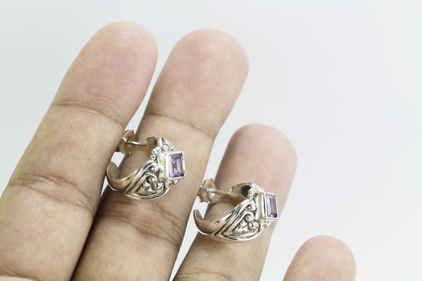 Hoops earrings 925 sterling silver with genuine amethyst