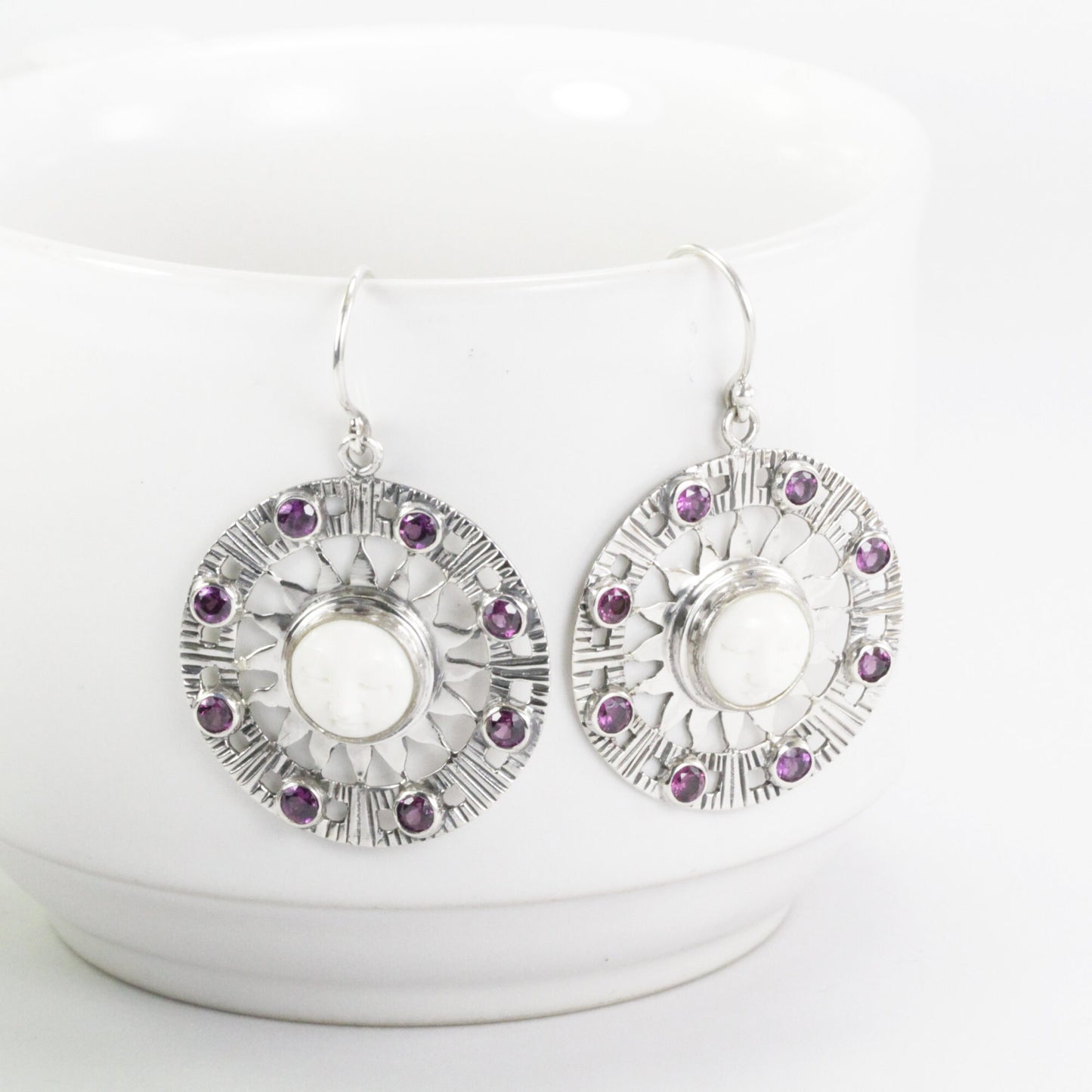 Moon face earrings dangle set in 925 sterling silver with genuine rhodolite gems stone, sun earring silver dangle
