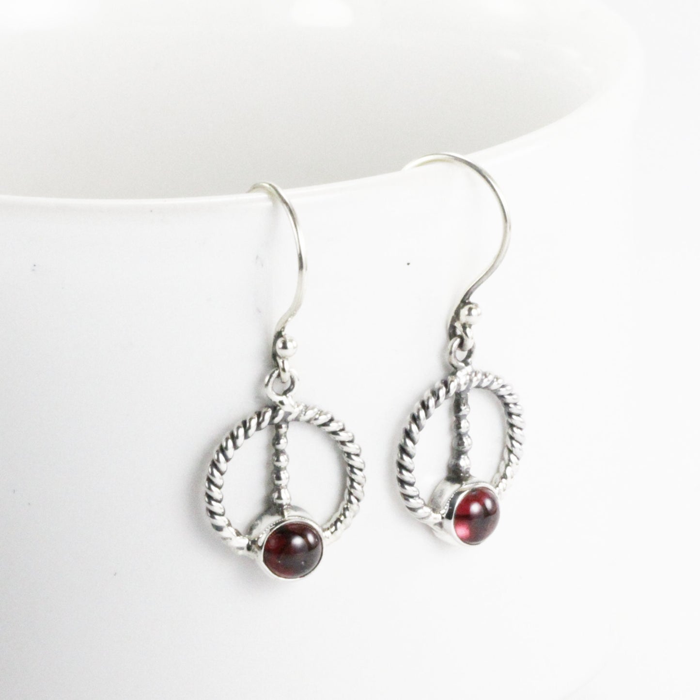 round garnet earrings dangle drop in 925 sterling silver cable style,