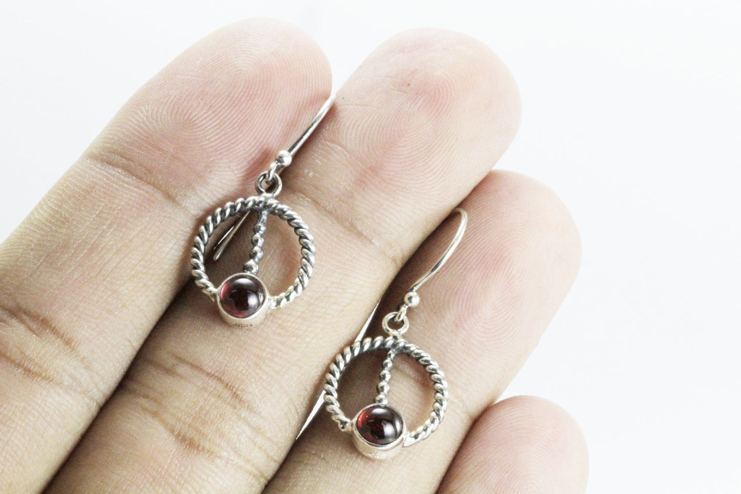 round garnet earrings dangle drop in 925 sterling silver cable style,