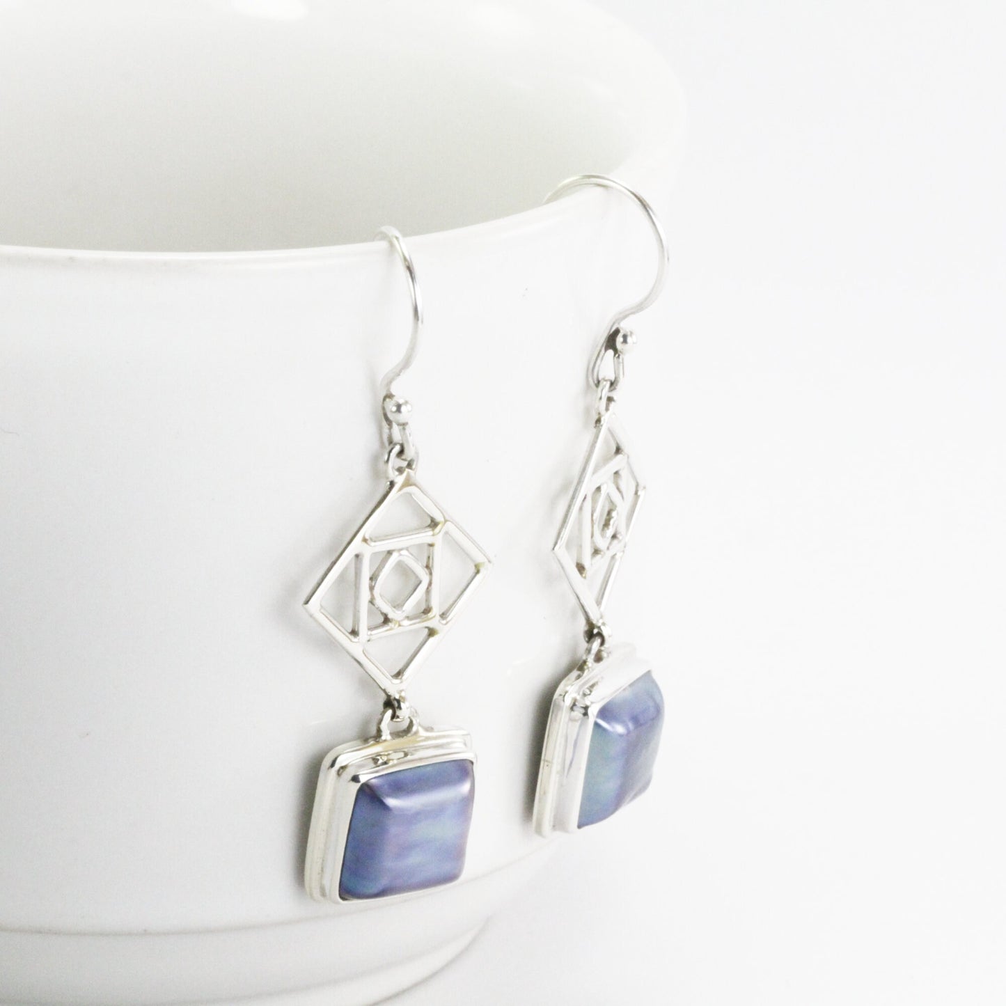Square mabe Pearl Earrings 925 sterling, long earrings dangle with pearl