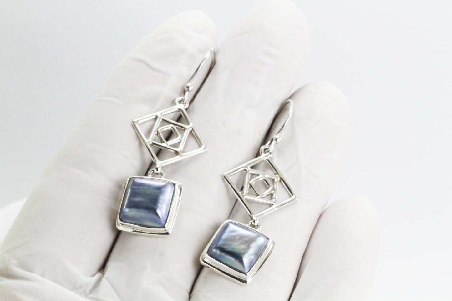 Square mabe Pearl Earrings 925 sterling, long earrings dangle with pearl