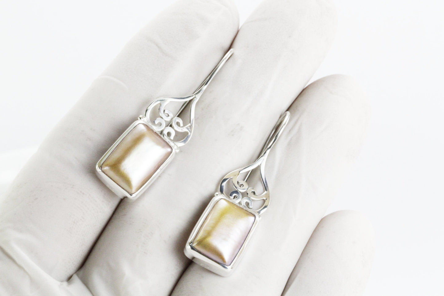Gold mabe earrings dangle 925 sterling silver, octagon mabe earrings dangle