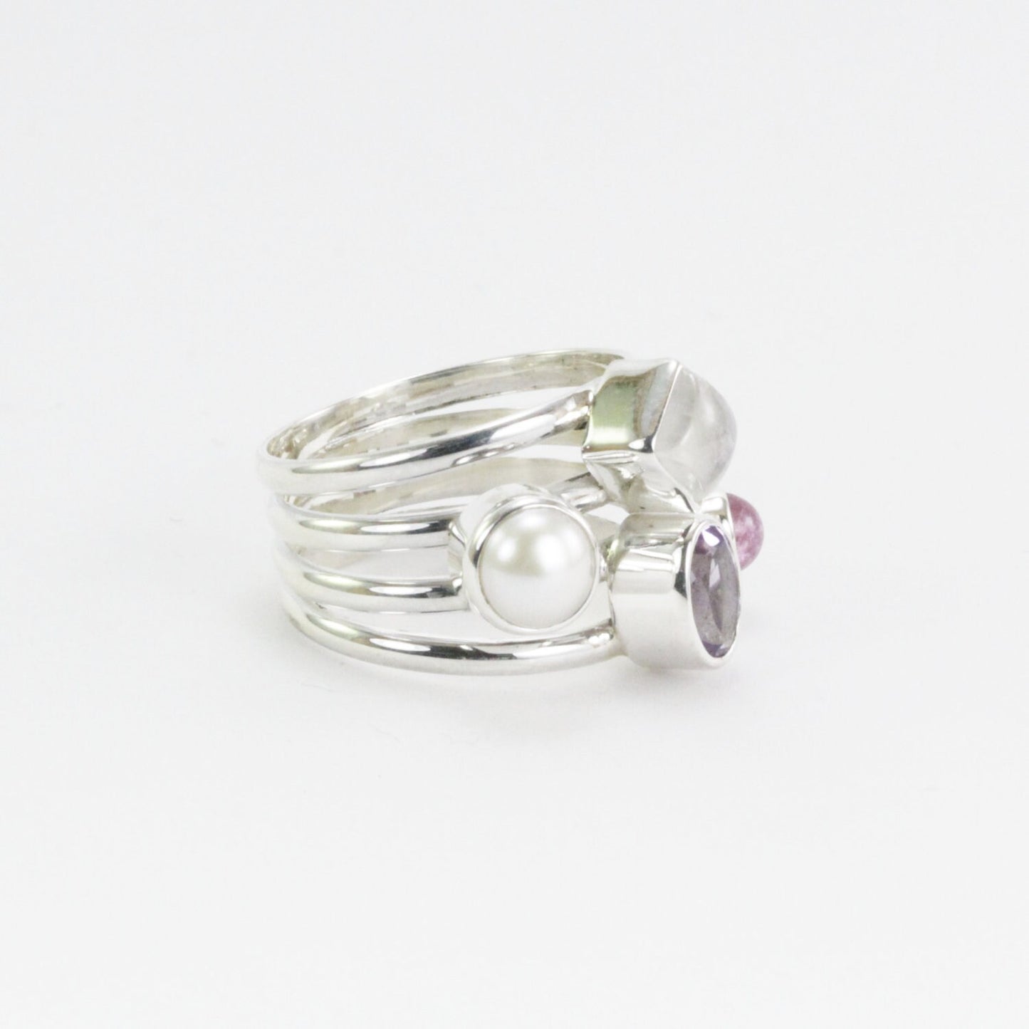 multi stone ring with amethyst, tourmaline, moonstone, and fresh water pearl set in 925 sterling silver