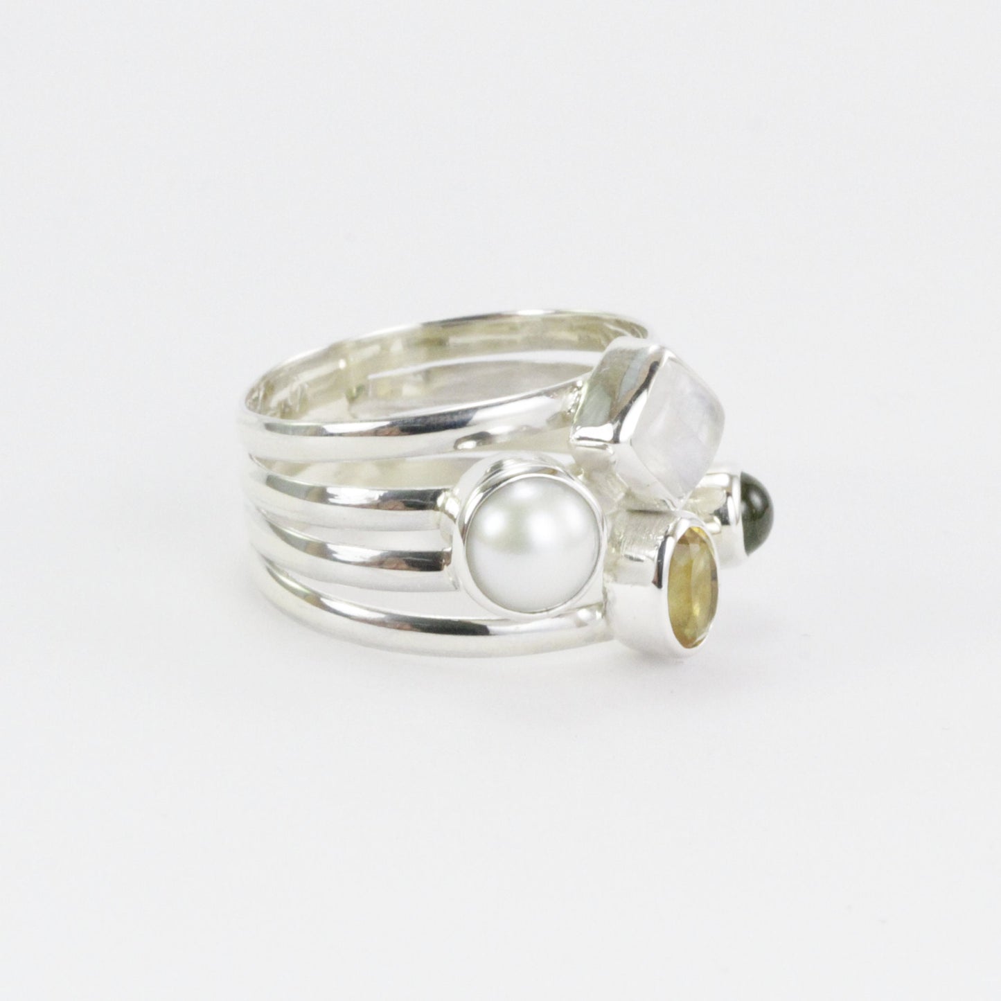 mix stone ring with citrine, peridot, moonstone, and fresh water pearl set in 925 sterling silver
