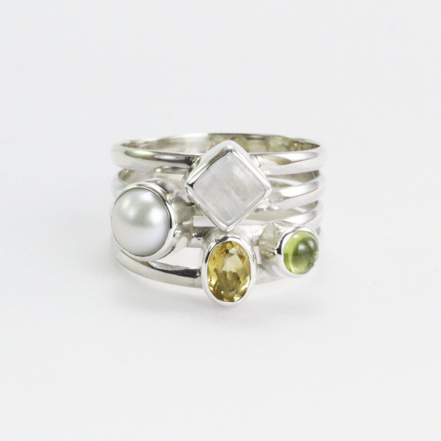 mix stone ring with citrine, peridot, moonstone, and fresh water pearl set in 925 sterling silver
