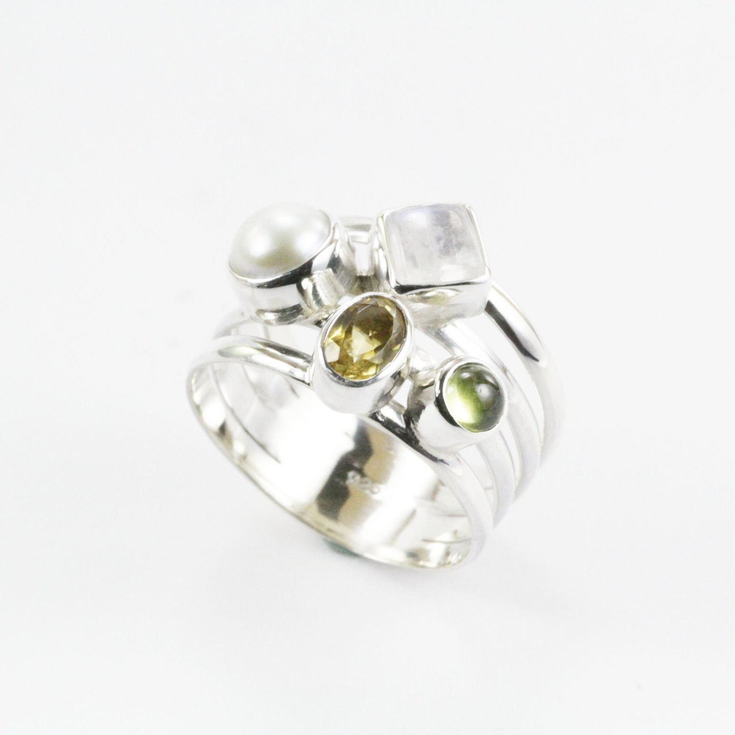 mix stone ring with citrine, peridot, moonstone, and fresh water pearl set in 925 sterling silver