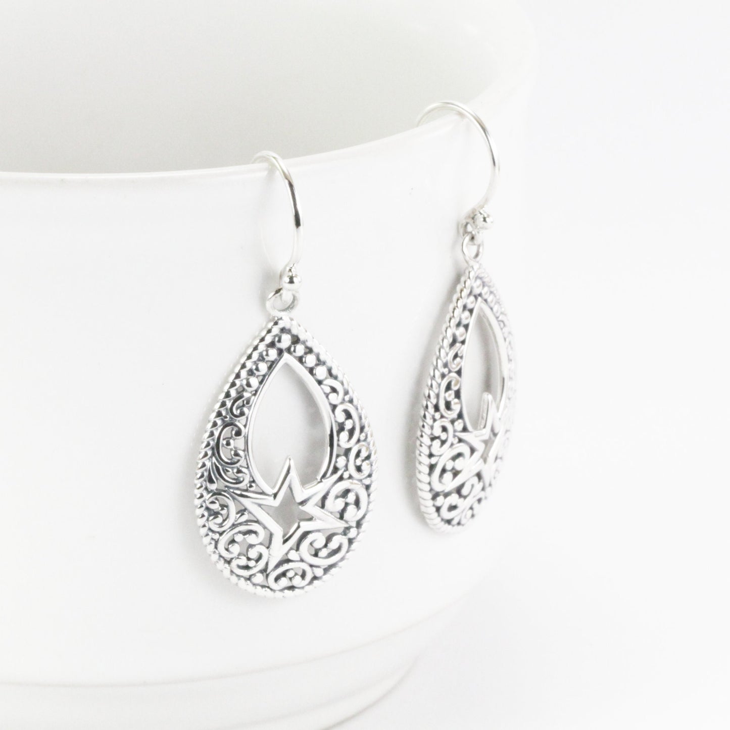 Teardrop earrings dangle 925 sterling silver, pear shape filigree earrings