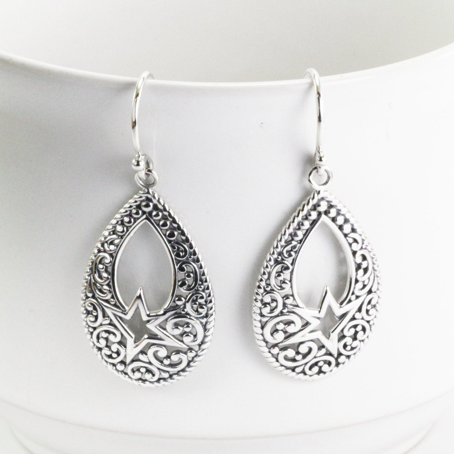 Teardrop earrings dangle 925 sterling silver, pear shape filigree earrings