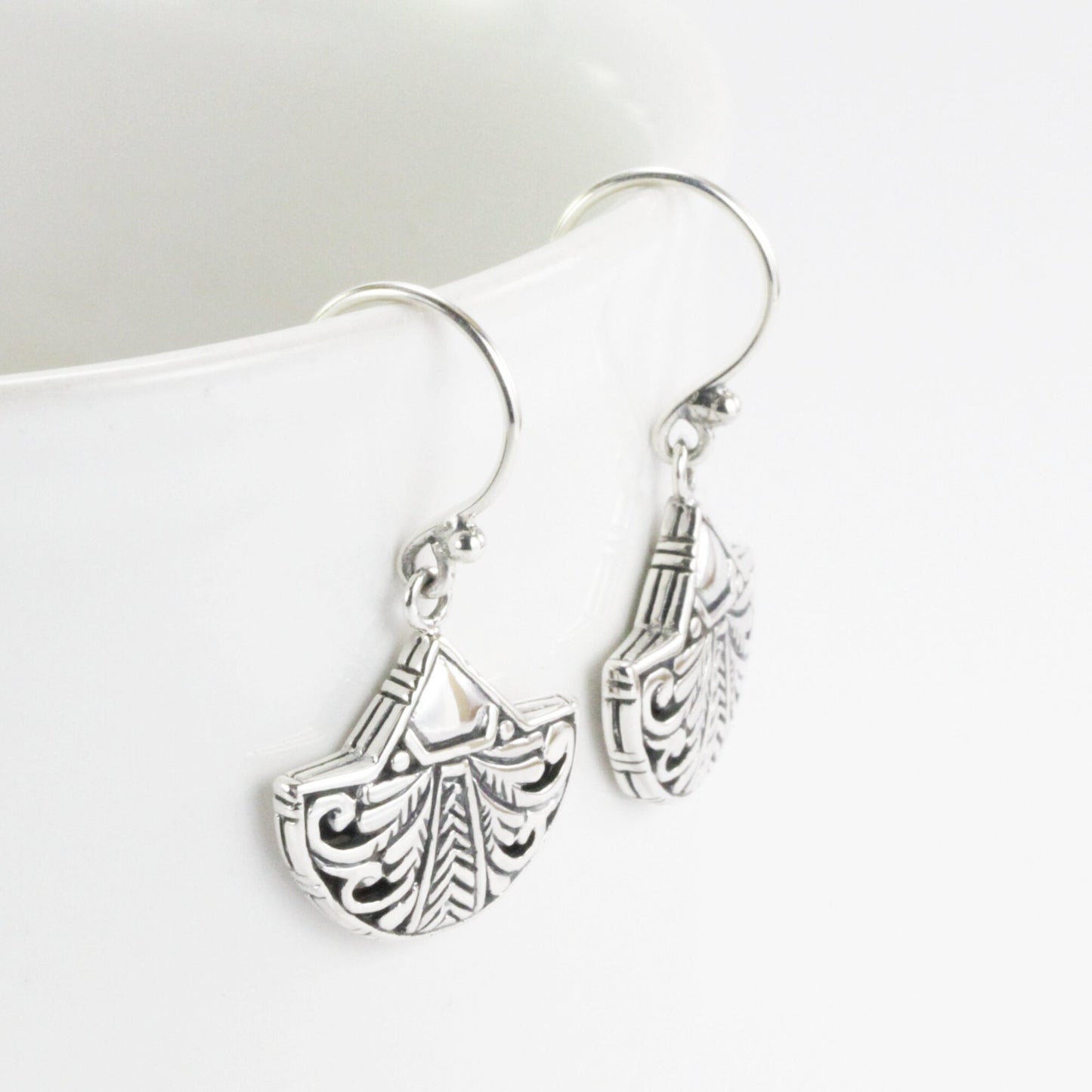 Silver leaf earrings 925 sterling silver handmade carving filigree art, fan earrings