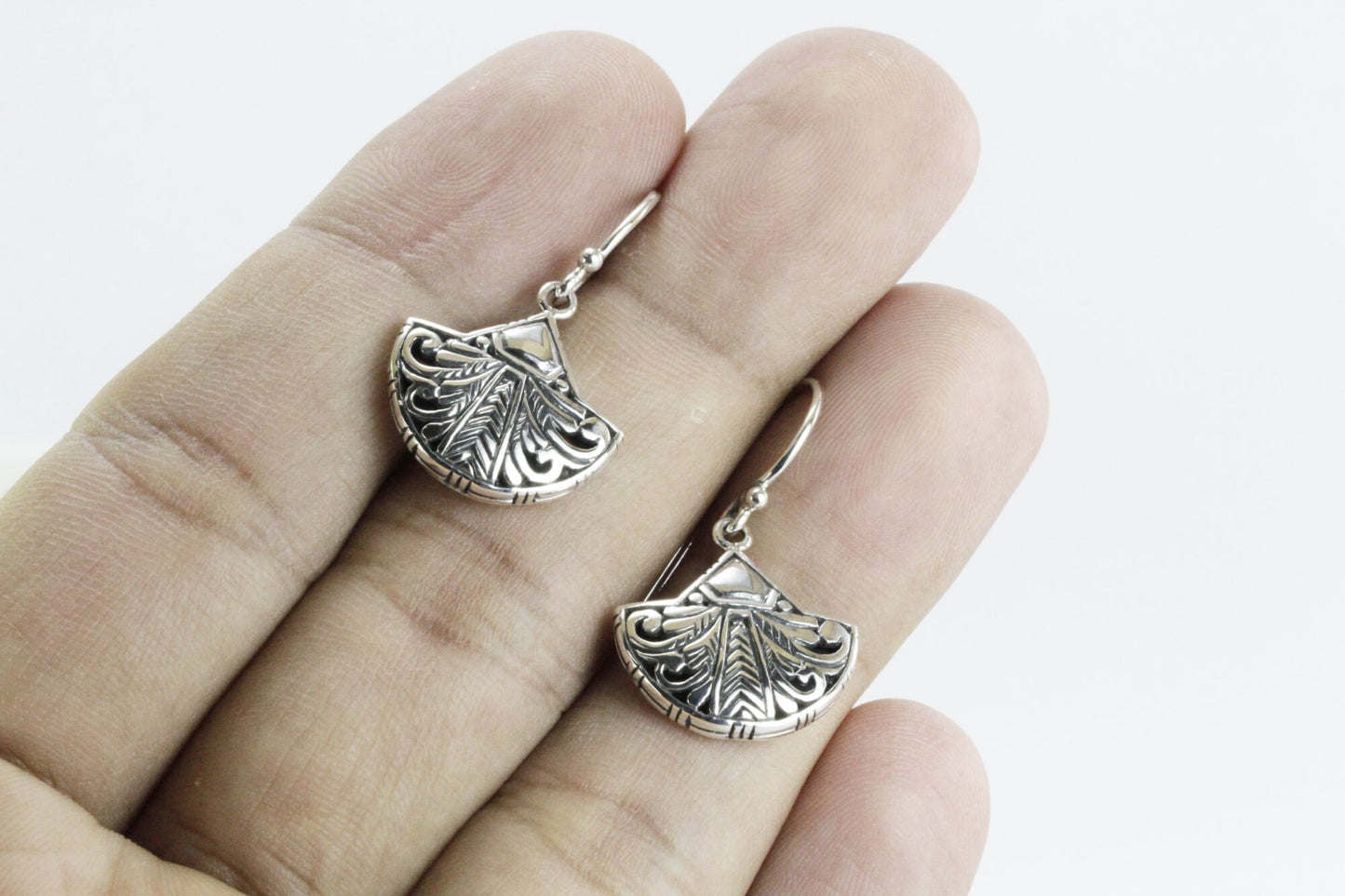 Silver leaf earrings 925 sterling silver handmade carving filigree art, fan earrings