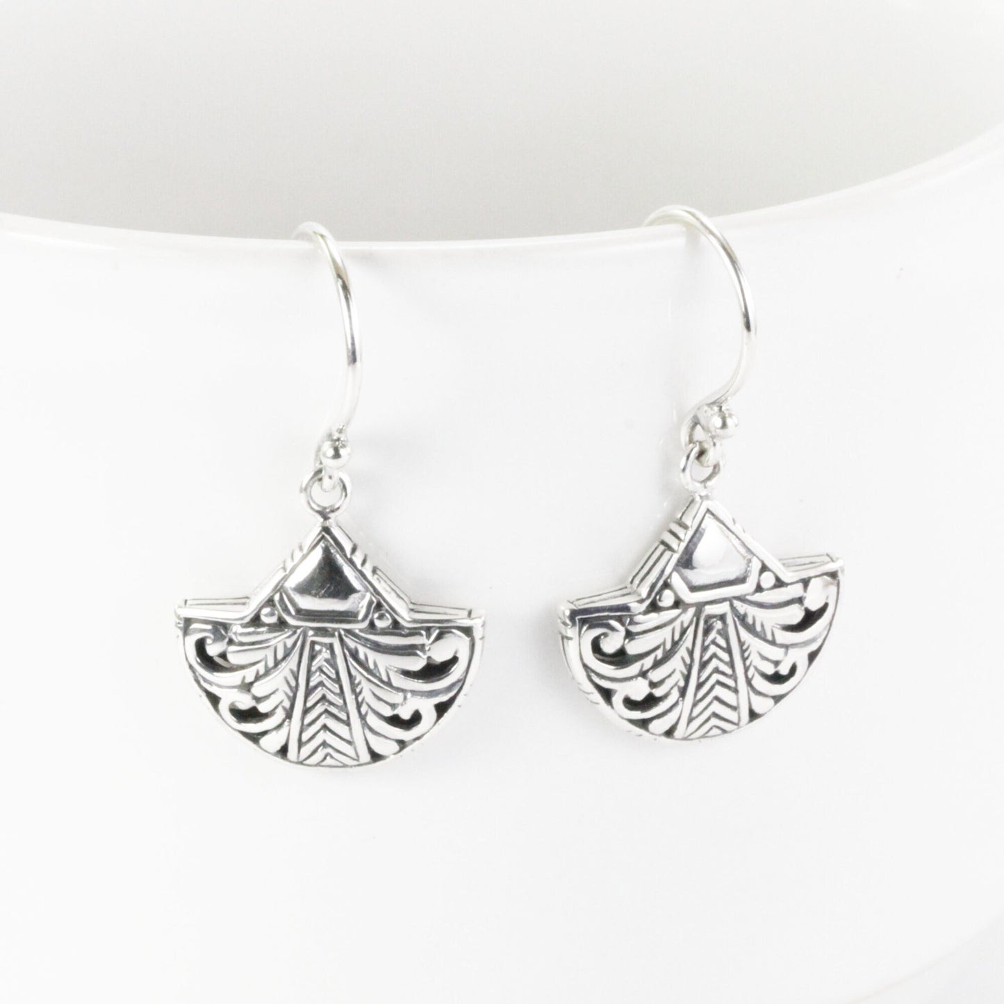 Silver leaf earrings 925 sterling silver handmade carving filigree art, fan earrings