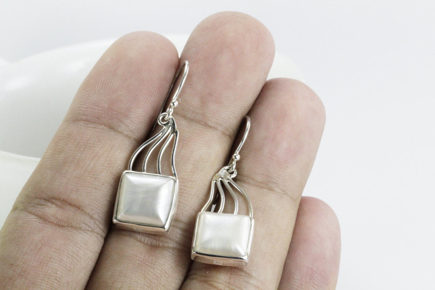 Square Pearl Earrings 925 sterling, long earrings dangle with pearl, white mabe pearl earrings