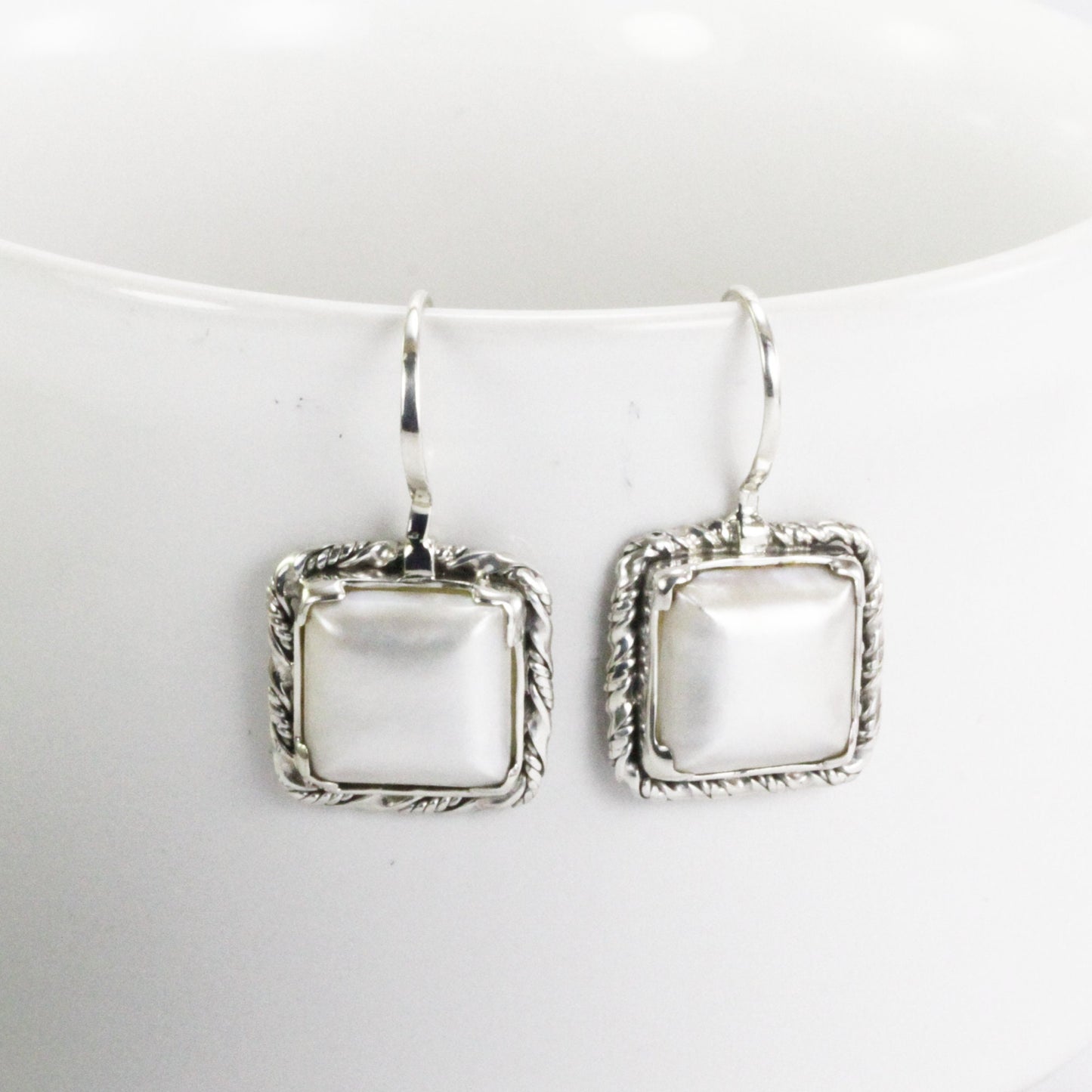 Square Pearl Earrings dangle 925 sterling, long earrings dangle with pearl, white mabe pearl earrings